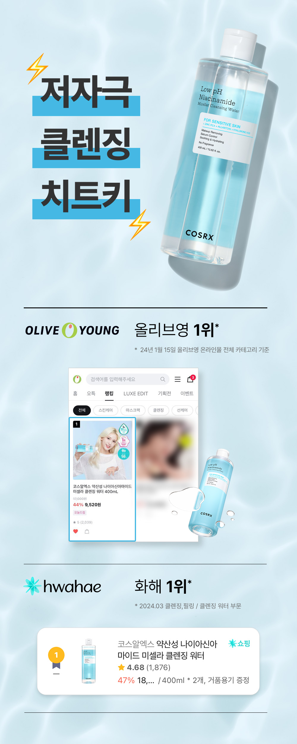 Low pH Niacinamide Micellar Cleansing Water 400mL by COSRX at GWENCHANDA Korean Cosmetics Shop - 1