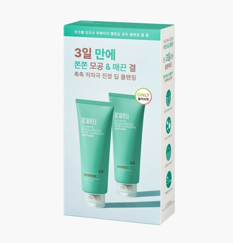 Licorice pH Balancing Pore Cleansing Gel Foam Double Set (160mL+160mL) by Acwell at GWENCHANDA Korean Cosmetics Shop - 1